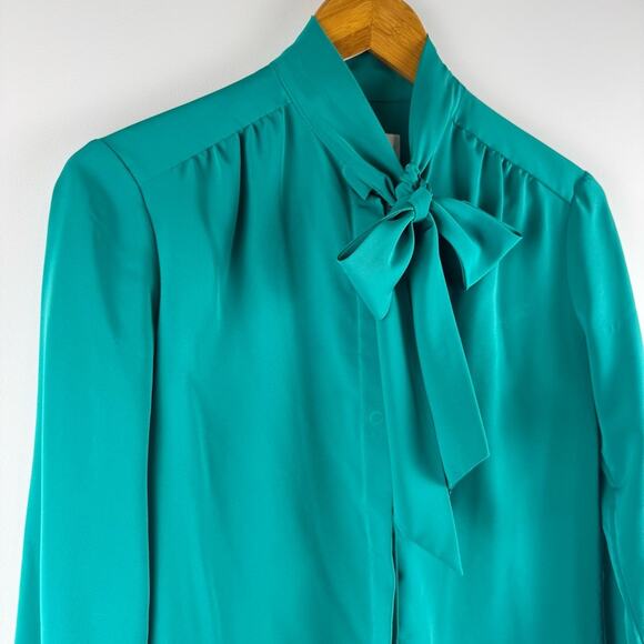 Vintage Pendleton Mock Tie Neck Elegant Teal Blouse with Bow Scarf ~ Sm/Md - Picture 2 of 11